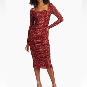 RHODE Floral Mesh Ruched Midi-Dress
